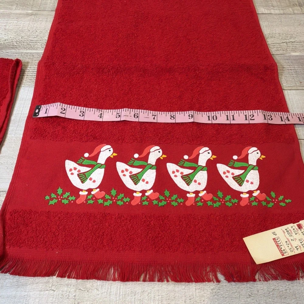 Vintage Christmas Goose Hand Towels NOS Cottagecore Holiday Fringe Set of 2